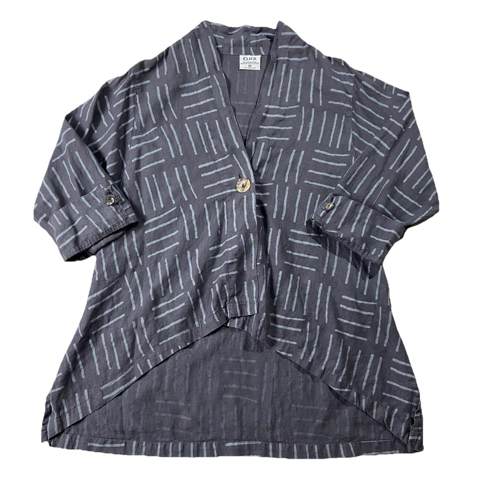 Click By CMC 100% Linen Topper Jacket Printed Blue Women's XS Lagenlook Artsy